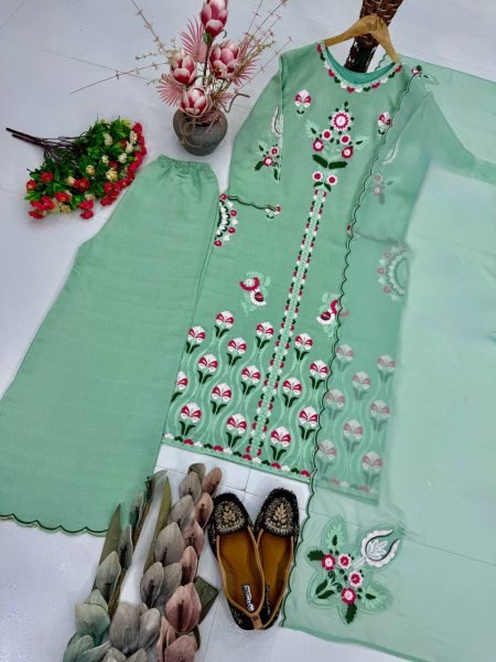 Trendy Mint Green Kurta Palazzo Set With Embroidery Work And Organza Dupatta  Ready To Wear Collection