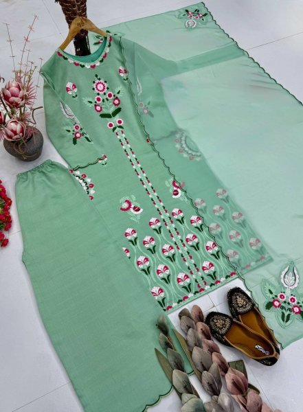 Trendy Mint Green Kurta Palazzo Set With Embroidery Work And Organza Dupatta  Ready To Wear Collection