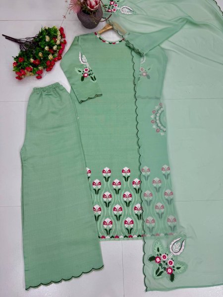 Trendy Mint Green Kurta Palazzo Set With Embroidery Work And Organza Dupatta  Ready To Wear Collection
