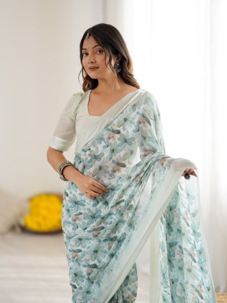 Trendy Mint Green Moss Satin Printed Saree Stylish Choice for Events Sarees 