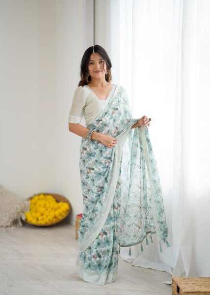Trendy Mint Green Moss Satin Printed Saree Stylish Choice for Events Printed Cotton Sarees Wholesale