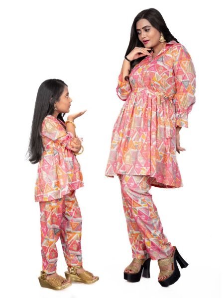 Trendy Mom Daughter Collection     Rayon Foil Print Work Set Mom-Doughter Collection