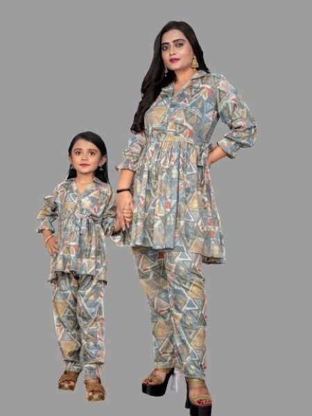 Trendy Mom Daughter Collection     Rayon Foil Print Work Set Mom-Doughter Collection