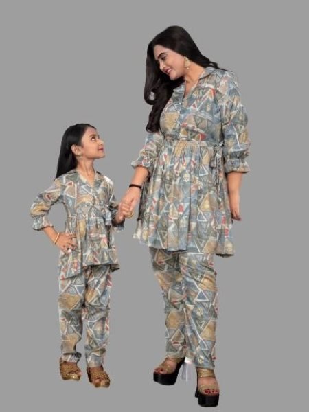 Trendy Mom Daughter Collection     Rayon Foil Print Work Set Mom-Doughter Collection