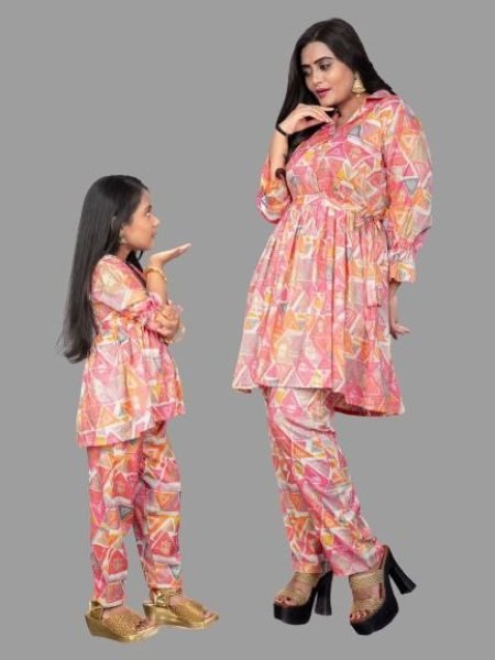Trendy Mom Daughter Collection     Rayon Foil Print Work Set Mom-Doughter Collection