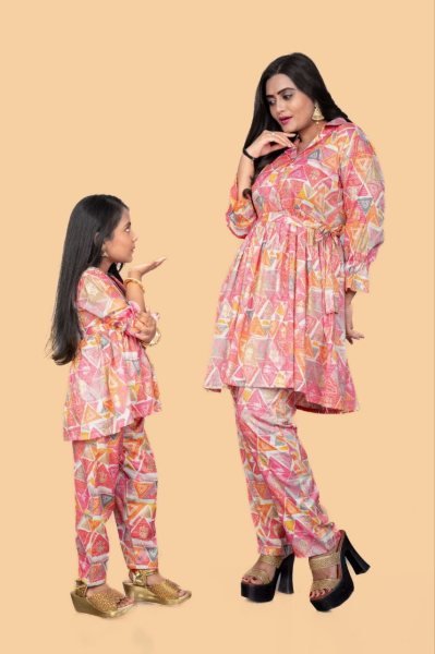 Trendy Mom Daughter Collection     Rayon Foil Print Work Set Mom-Doughter Collection