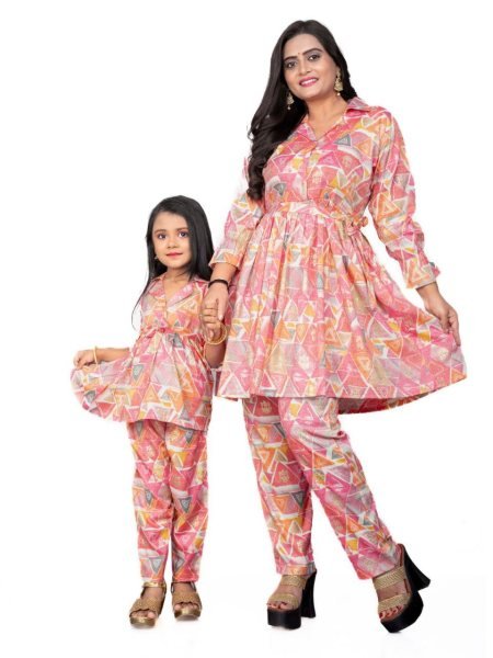 Trendy Mom Daughter Collection     Rayon Foil Print Work Set Mom-Doughter Collection
