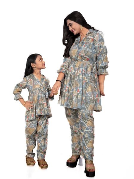 Trendy Mom Daughter Collection     Rayon Foil Print Work Set Mom-Doughter Collection