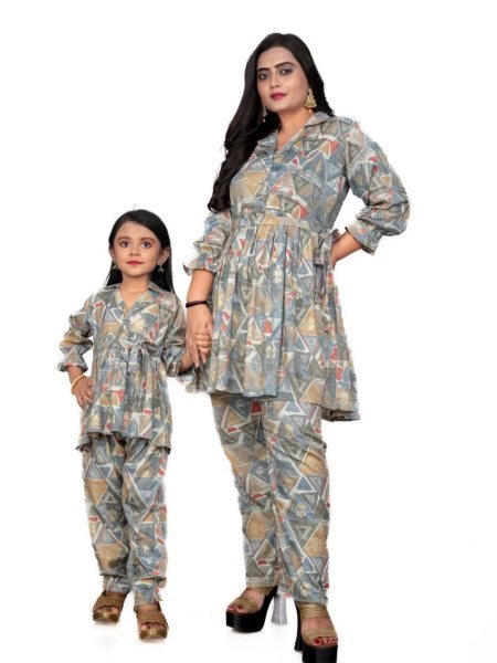 Trendy Mom Daughter Collection     Rayon Foil Print Work Set Mom-Doughter Collection