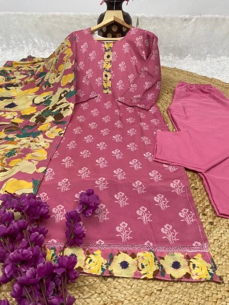 Trendy Muslin Digital Printed Kurti Set with Micro Crepe Pant and Dupatta For Casual Gatherings  Straight Cut Long Kurtis