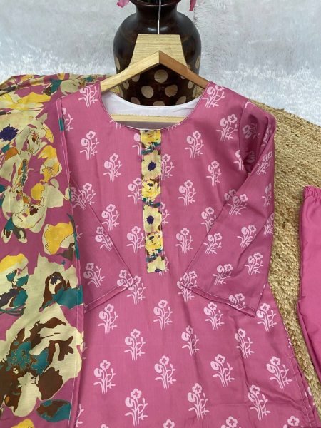 Trendy Muslin Digital Printed Kurti Set with Micro Crepe Pant and Dupatta For Casual Gatherings  Straight Cut Long Kurtis