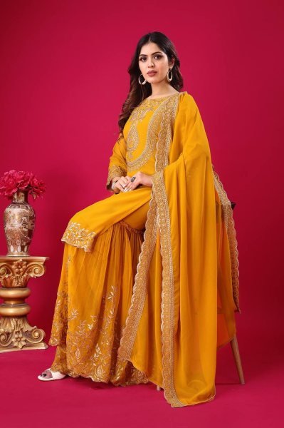 Trendy Mustard Ethnic Suit with Plazzo Thread and Sequin Embroidery & Lace Border Dupatta 2025 Ready To Wear Collection