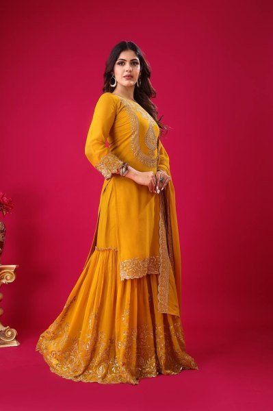 Trendy Mustard Ethnic Suit with Plazzo Thread and Sequin Embroidery & Lace Border Dupatta 2025 Ready To Wear Collection