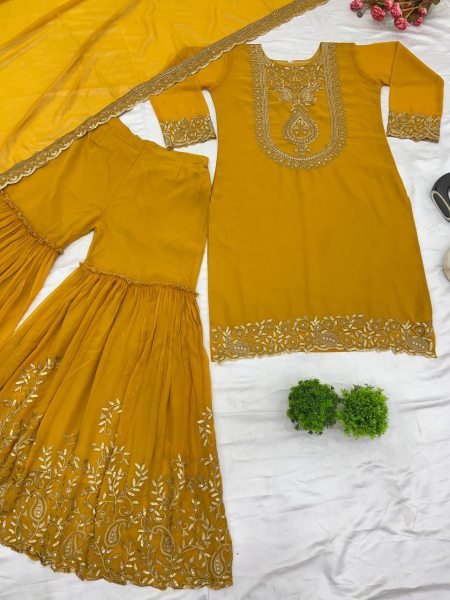 Trendy Mustard Ethnic Suit with Plazzo Thread and Sequin Embroidery & Lace Border Dupatta 2025 Ready To Wear Collection