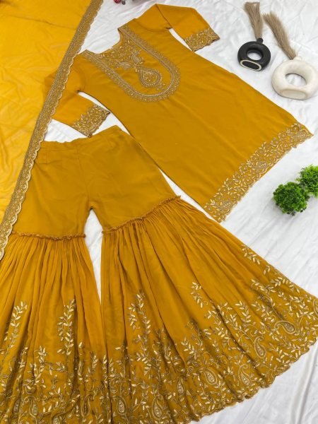 Trendy Mustard Ethnic Suit with Plazzo Thread and Sequin Embroidery & Lace Border Dupatta 2025 Ready To Wear Collection