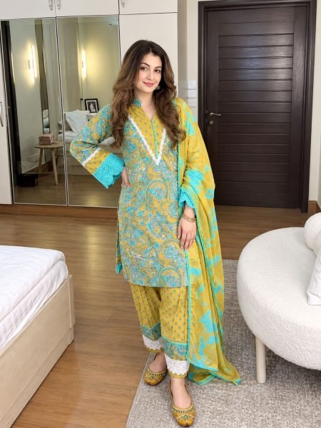 Trendy Musterd Yellow Printed Cambric Cotton Farshi Palazzo Set For Office Wear Ready To Wear Suit