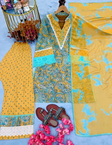 Trendy Musterd Yellow Printed Cambric Cotton Farshi Palazzo Set For Office Wear Ready To Wear Collection