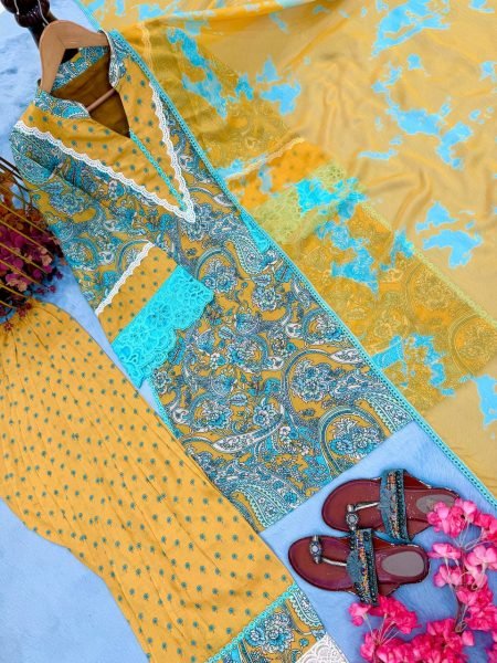 Trendy Musterd Yellow Printed Cambric Cotton Farshi Palazzo Set For Office Wear Ready To Wear Collection