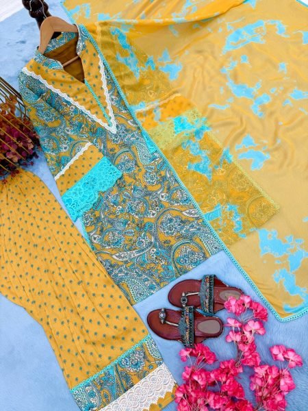 Trendy Musterd Yellow Printed Cambric Cotton Farshi Palazzo Set For Office Wear Ready To Wear Collection