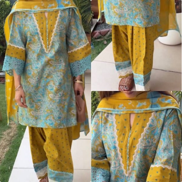 Trendy Musterd Yellow Printed Cambric Cotton Farshi Palazzo Set For Office Wear Ready To Wear Collection