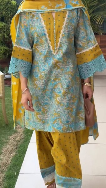 Trendy Musterd Yellow Printed Cambric Cotton Farshi Palazzo Set For Office Wear Ready To Wear Collection