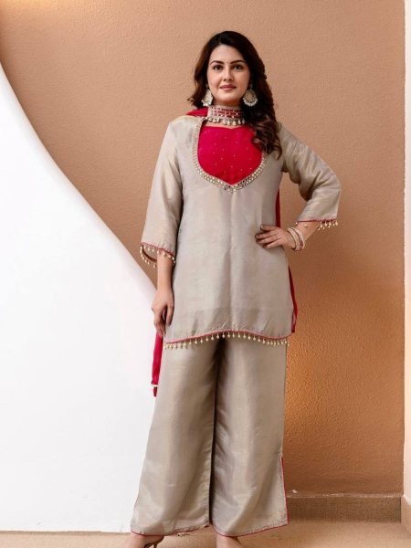Trendy Off white Roman Glass Silk Kurti Set with Mirror Work and Pearl Work Bustier Ready To Wear Suit