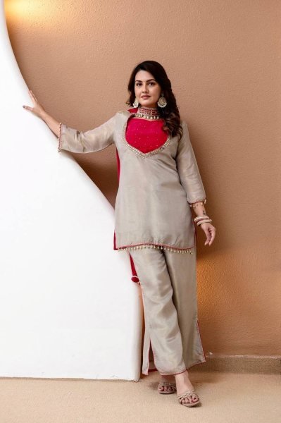 Trendy Off white Roman Glass Silk Kurti Set with Mirror Work and Pearl Work Bustier Ready To Wear Collection