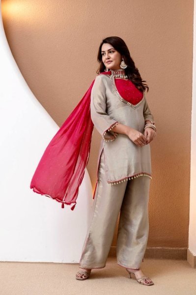 Trendy Off white Roman Glass Silk Kurti Set with Mirror Work and Pearl Work Bustier Ready To Wear Collection