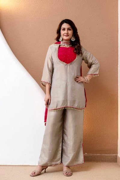 Trendy Off white Roman Glass Silk Kurti Set with Mirror Work and Pearl Work Bustier Ready To Wear Collection