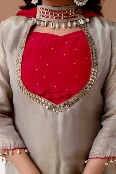 Trendy Off white Roman Glass Silk Kurti Set with Mirror Work and Pearl Work Bustier Ready To Wear Collection