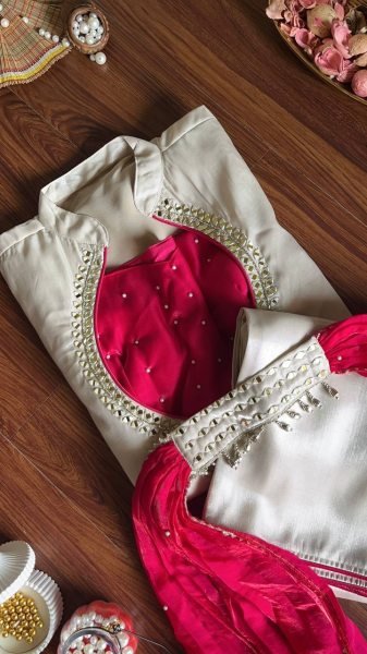 Trendy Off white Roman Glass Silk Kurti Set with Mirror Work and Pearl Work Bustier Ready To Wear Collection