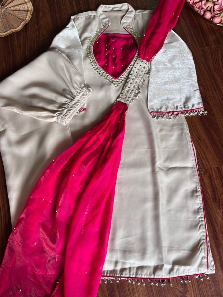 Trendy Off white Roman Glass Silk Kurti Set with Mirror Work and Pearl Work Bustier Ready To Wear Collection