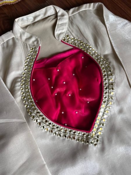 Trendy Off white Roman Glass Silk Kurti Set with Mirror Work and Pearl Work Bustier Ready To Wear Collection