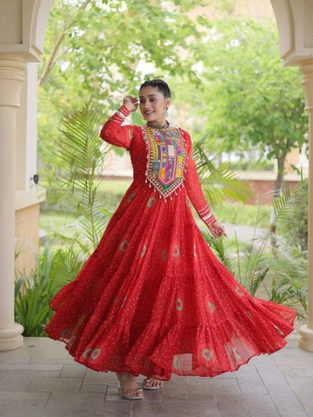 Trendy Orange Bandhani Print Faux Georgette Maxi Gown with Full Sleeves For Navrati 