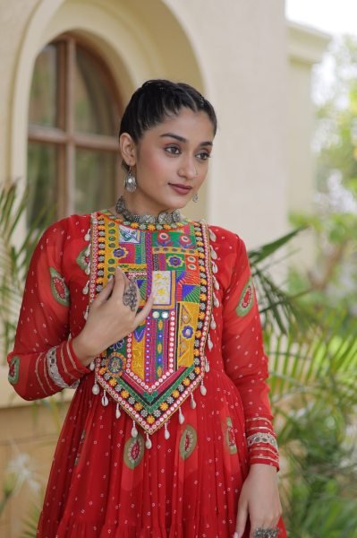 Trendy Orange Bandhani Print Faux Georgette Maxi Gown with Full Sleeves For Navrati Navratri Collection