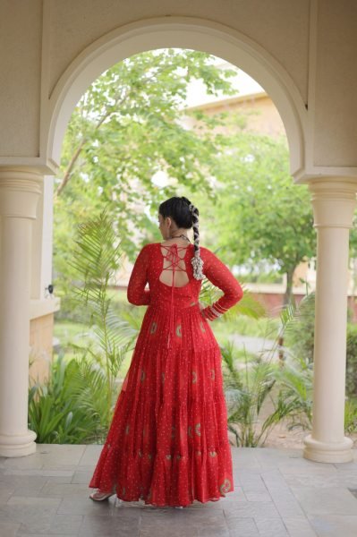Trendy Orange Bandhani Print Faux Georgette Maxi Gown with Full Sleeves For Navrati Navratri Collection