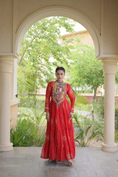 Trendy Orange Bandhani Print Faux Georgette Maxi Gown with Full Sleeves For Navrati Navratri Collection