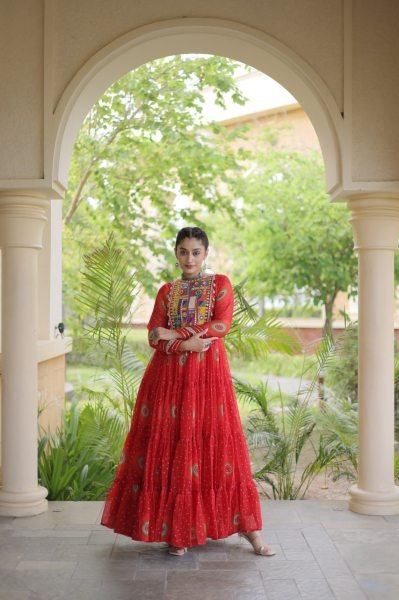 Trendy Orange Bandhani Print Faux Georgette Maxi Gown with Full Sleeves For Navrati Navratri Collection