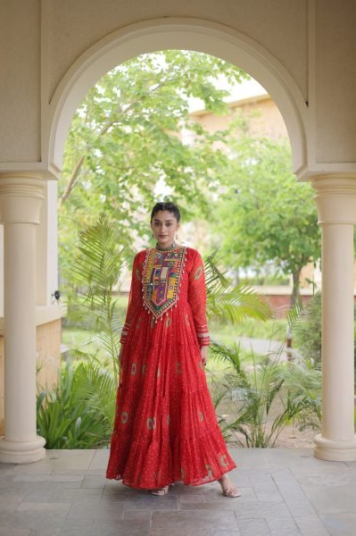 Trendy Orange Bandhani Print Faux Georgette Maxi Gown with Full Sleeves For Navrati Navratri Collection