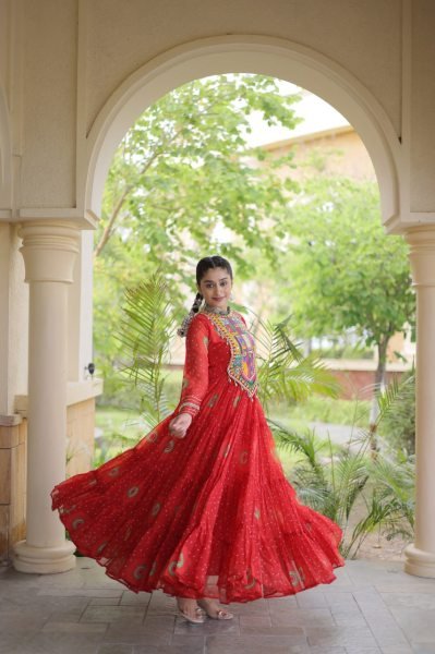 Trendy Orange Bandhani Print Faux Georgette Maxi Gown with Full Sleeves For Navrati Navratri Collection