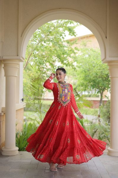 Trendy Orange Bandhani Print Faux Georgette Maxi Gown with Full Sleeves For Navrati Navratri Collection