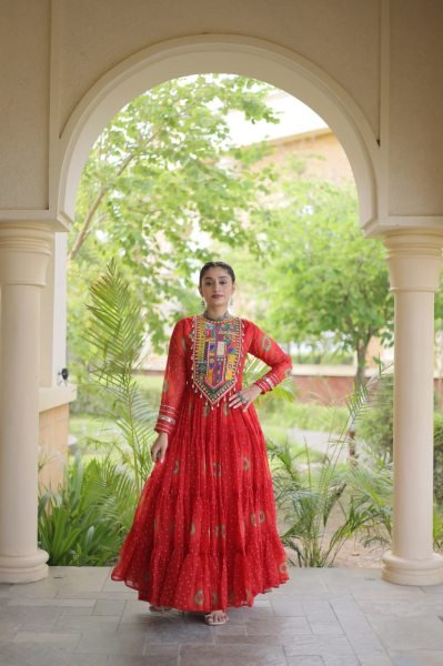 Trendy Orange Bandhani Print Faux Georgette Maxi Gown with Full Sleeves For Navrati Navratri Collection