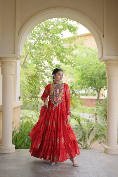 Trendy Orange Bandhani Print Faux Georgette Maxi Gown with Full Sleeves For Navrati Navratri Collection