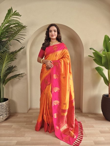 Trendy Orange Boutique Quality Dual Tone Silk Saree with Designer Blouse 