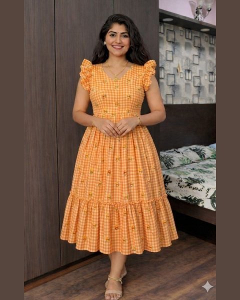 Trendy Orange Chanderi Cotton Silk Long Printed Gown with Elegant Flair 