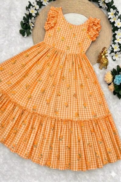 Trendy Orange Chanderi Cotton Silk Long Printed Gown with Elegant Flair Printed Kurtis