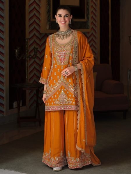 Trendy Orange Chinon Embroidered Palazzo Suit for Women at Factory Price 
