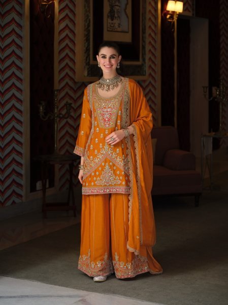 Trendy Orange Chinon Embroidered Palazzo Suit for Women at Factory Price Designer Plazzo Salwar Suits Wholesale