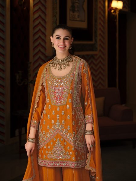 Trendy Orange Chinon Embroidered Palazzo Suit for Women at Factory Price Designer Plazzo Salwar Suits Wholesale