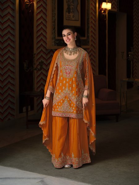 Trendy Orange Chinon Embroidered Palazzo Suit for Women at Factory Price Designer Plazzo Salwar Suits Wholesale